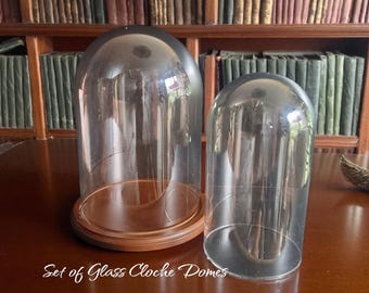 Vintage Glass Cloche Set: Nesting Display Domes with Wood Base