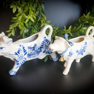 vintage blue and white porcelain cow creamers / set of two creamers / country kitchen