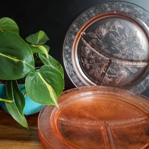 vintage  pink pressed depression glass compartment plates set of 4