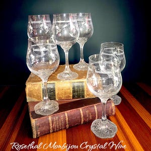 rosenthal germany monbijou classic rose crystal wine glasses, set of six, 7 3/4 inches tall and 2/34 inches in diameter, 1970&#39;s