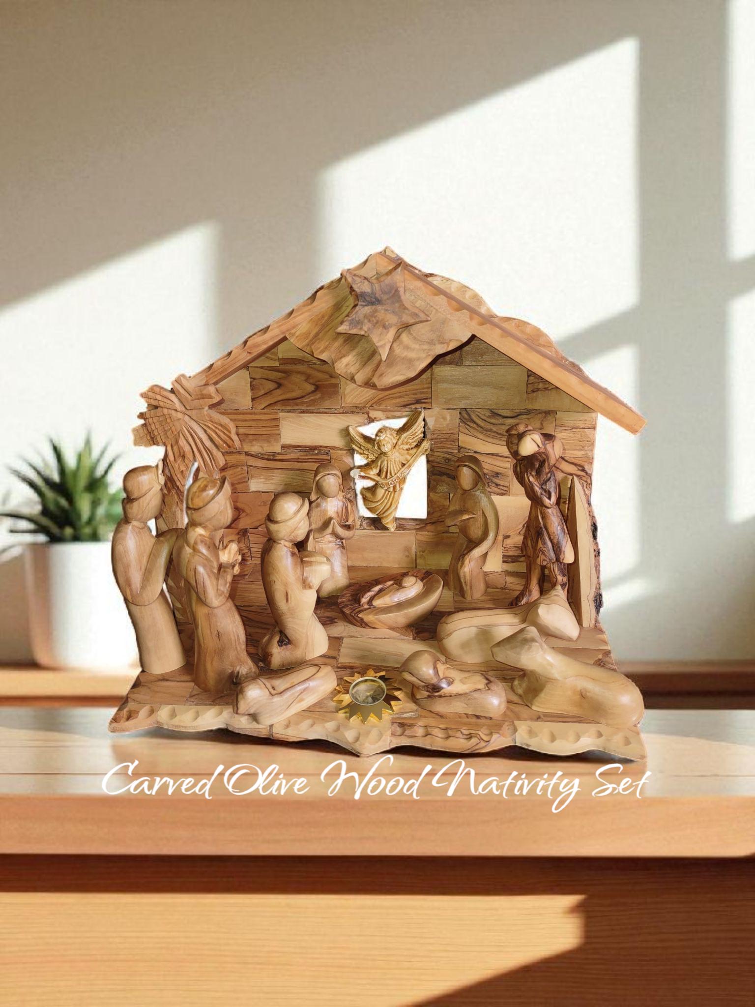 olive wood nativity set, carved