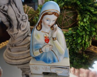 Vintage, Porcelain Sacred Heart Madonna Trinket Box