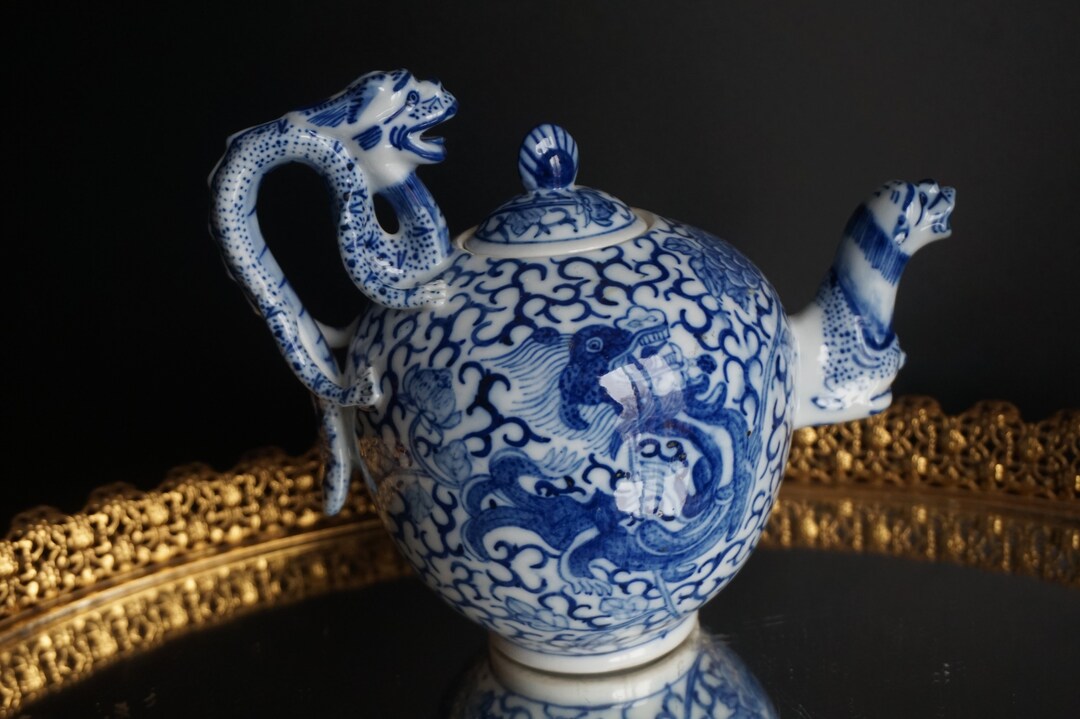 Blue and White Porcelain Dragon Teapot Etsy