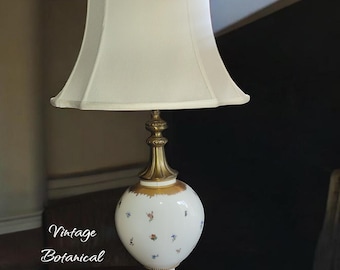 Vintage botanical porcelain lamp with brass and gold accents