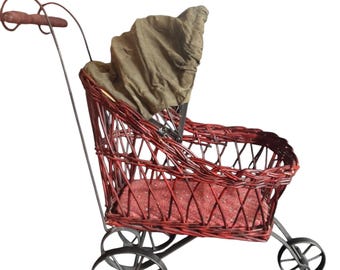 Vintage Wicker Baby Doll Stroller, Metal Frame
