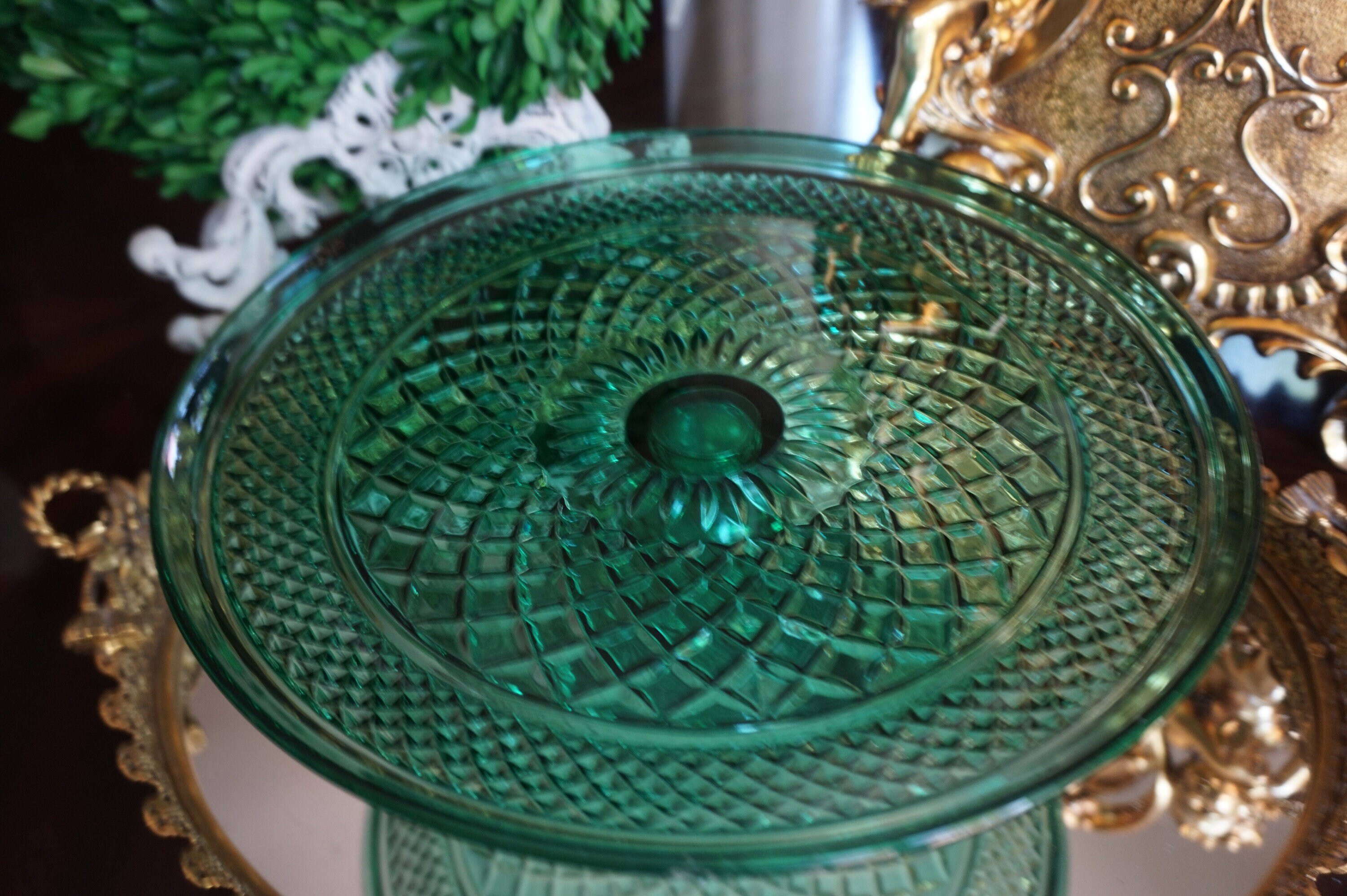 Vintage Green Glass Cake Stand with Glass Dome Etsy
