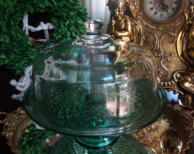 Vintage Green Glass Cake Stand With Glass Dome Etsy
