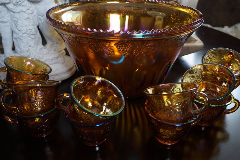 Vintage Amber Carnival Glass Punch Bowl with Twelve Cups Etsy