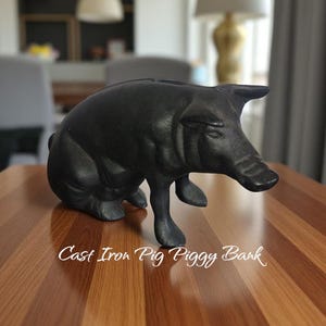 Vintage Black Cast Iron Pig Piggy Bank, 10 Inches Long and 5