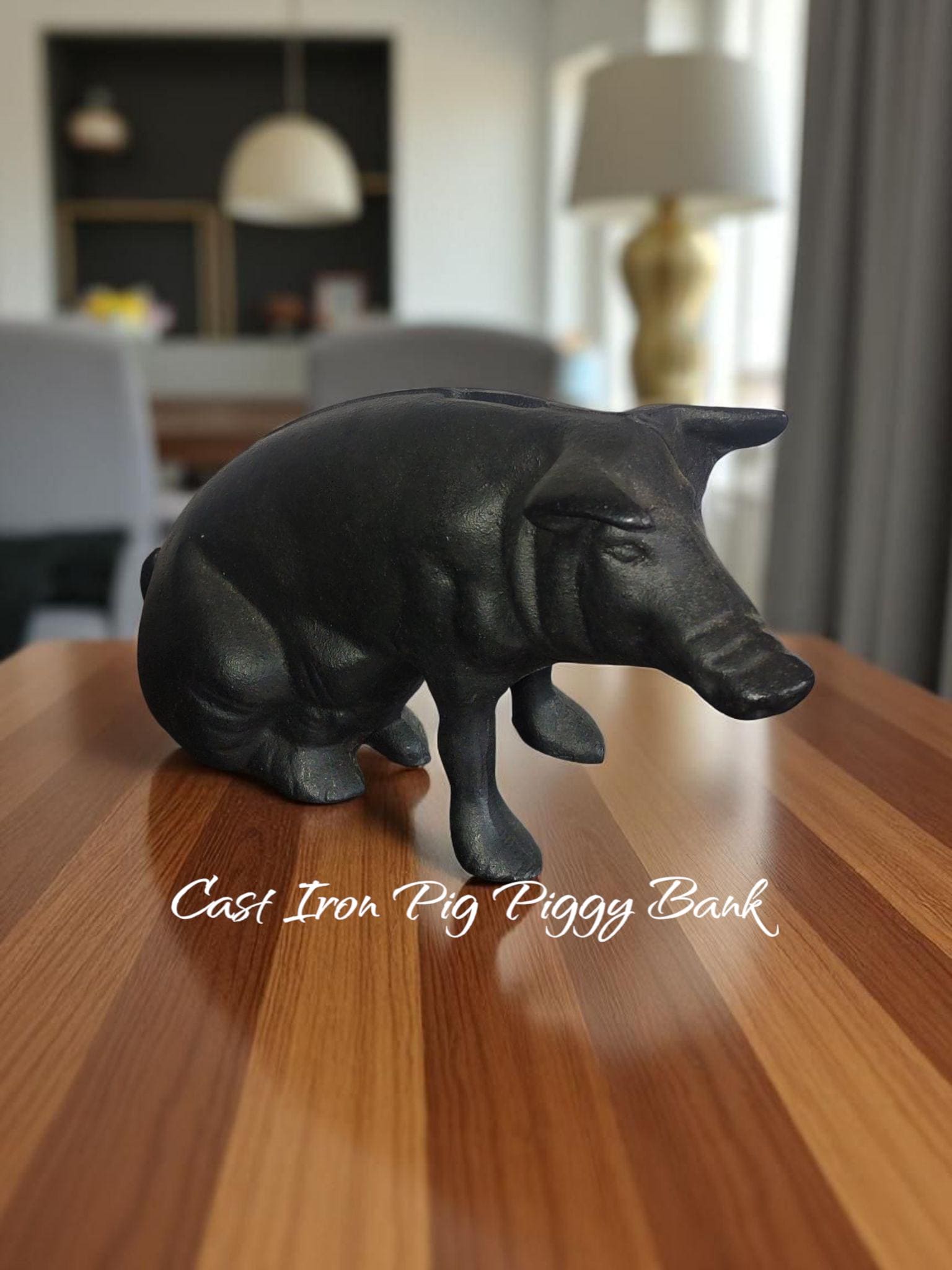Vintage Black Cast Iron Pig Piggy Bank, 10 Inches Long and 5