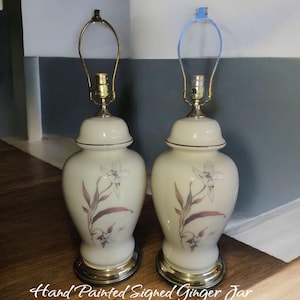 Vintage Hand Painted Lily Ginger Jar Lamp Bases - Mid Century Modern Pair