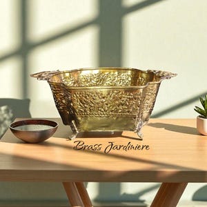 footed brass jardiniere with handles / indoor brass planter