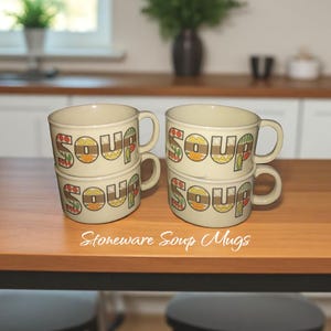 vintage stoneware soup bowl mugs  set of four / mid century soup cups