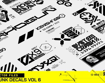 May include: A collection of black and white cyberpunk-themed decals with various geometric shapes, text, and symbols. The decals include phrases like "CAUTION," "SYSTEM CRASH," and Japanese characters. The bottom of the image reads "AI + SVG VECTOR FILES CYBERPUNK DECALS VOL 6."
