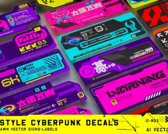 May include: Neon style cyberpunk decals in a variety of colors and designs. The decals feature text, symbols, and graphics in a futuristic style. The decals are digitally drawn vector signs and labels.