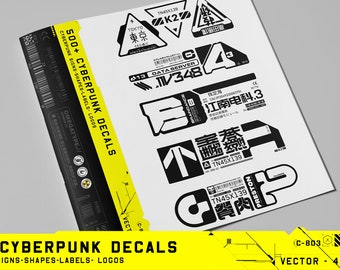 May include: A sheet of black and white cyberpunk decals with Japanese text. The decals feature geometric shapes, logos, and text. The sheet is labeled "500+ Cyberpunk Decals".