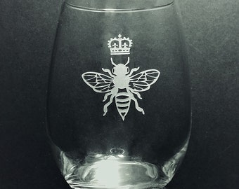 Queen Bee Wine Glass, Honey Bee Wine Glass, Etched Wine Glass, Queen Bee Glass, Etched Stemless Glass, Birthday Gift, Gifts for Her