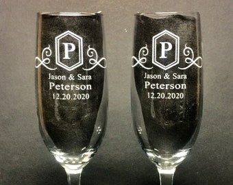 Personalized Etched Champagne Flutes: Wedding Toasting Glasses, Set of 2