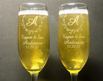 Personalized Champagne Flutes: Etched Wedding Toasting Glasses, Set of 2