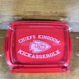 Etched Pyrex Glassware, Kansas City Chiefs, Kickasserole Pyrex Dish with Red Lid, Football Game Day Casserole Dish - P16