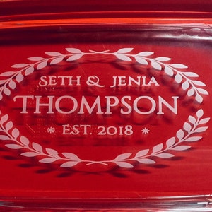 13 inch x 9inch Personalized Pyrex Casserole Baking Dish with Removable Red Lid with Engraved Names and Dates P2 , Brand:  Pyrex