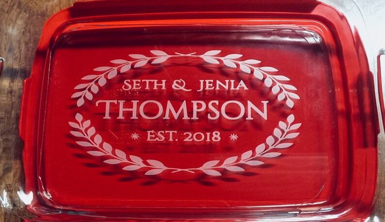 13 inch x 9inch Personalized Pyrex Casserole Baking Dish with Removable Red Lid with Engraved Names and Dates P2 , Brand:  Pyrex