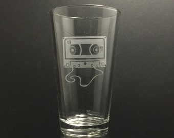 Custom Glassware, Etched Beer Glass, 80's Style Mix Tape, Cassette Tape Glass, Beer Glass, Music Lover Gift, Retro Mix Tape Glass