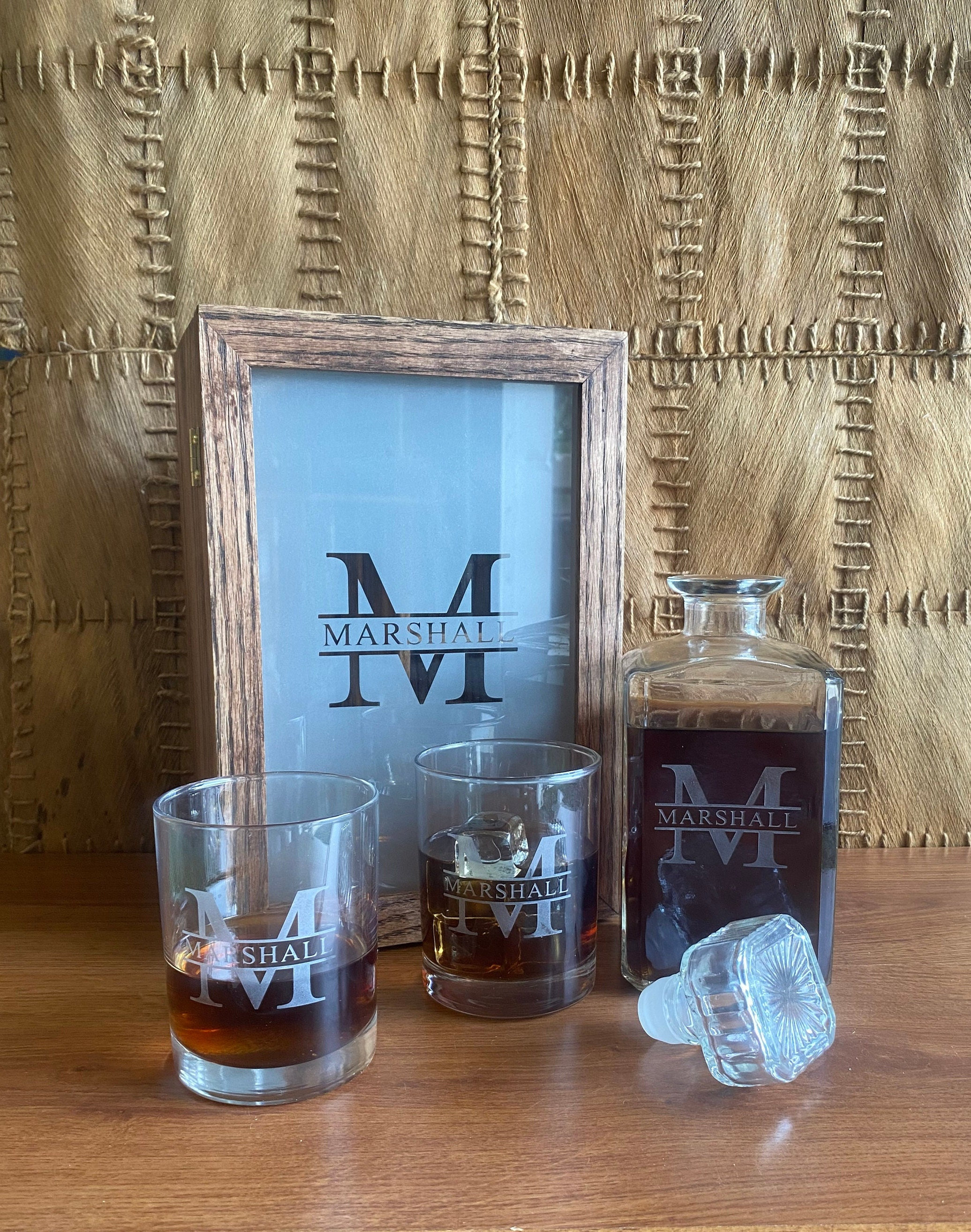 Ornate Monogram Bevel Decanter and Rocks Glasses (Set of 5),  Letter T: Mixed Drinkware Sets