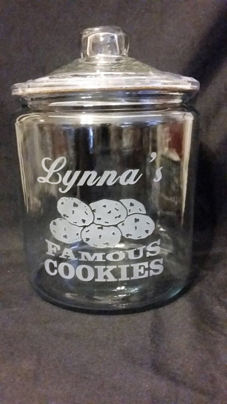 Grandma Etched Glass Cookie Jar - Clear Glass - 1/2 Gallon, Height - 8 inches - With image of Chocolate Chip Cookies w/text FAMOUS COOKIES