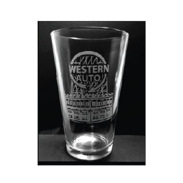 Kansas City Western Auto Sign, Etched Pint Glass, KC Skyline, KC Landmarks, KC Chiefs