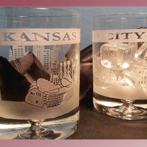 KC Etched Whiskey Glasses, Kansas City Skyline, Whiskey Glasses, KC Gifts, Panoramic Glasses, Etched Rocks, Set of 2, KC Souvenirs
