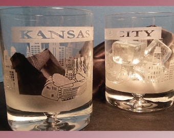 KC Etched Whiskey Glasses, Kansas City Skyline, Whiskey Glasses, Panoramic Glasses, Etched Rocks, Set of 2, Kansas City Barware