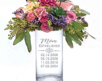 Personalized Gifts for Mom, MOM Established Vase, Custom Mom Established Vase, Etched Glass Vase, Etched  Flower Vase, Grandmother Gift