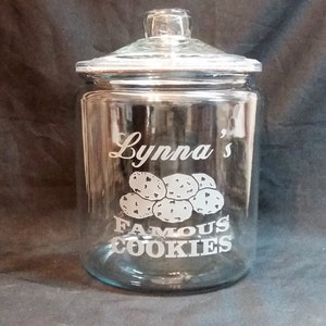 Grandma Etched Glass Cookie Jar - Clear Glass - 1/2 Gallon, Height - 8 inches - With image of Chocolate Chip Cookies w/text FAMOUS COOKIES