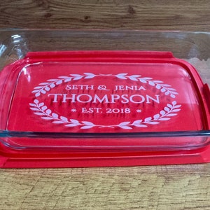 13 inch x 9inch Personalized Pyrex Casserole Baking Dish with Removable Red Lid with Engraved Names and Dates P2 , Brand:  Pyrex