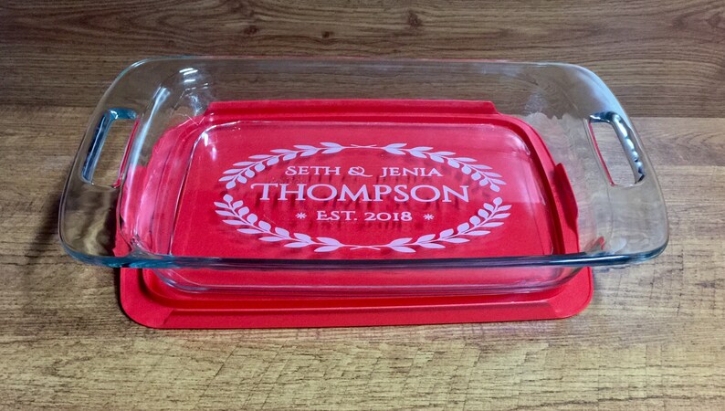 13 inch x 9inch Personalized Pyrex Casserole Baking Dish with Removable Red Lid with Engraved Names and Dates P2 , Brand:  Pyrex