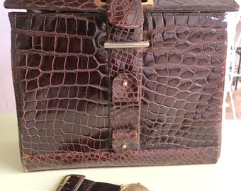 Bolso de mano de piel estilo cocodrilo, bolso vintage con reloj integrado extraíble