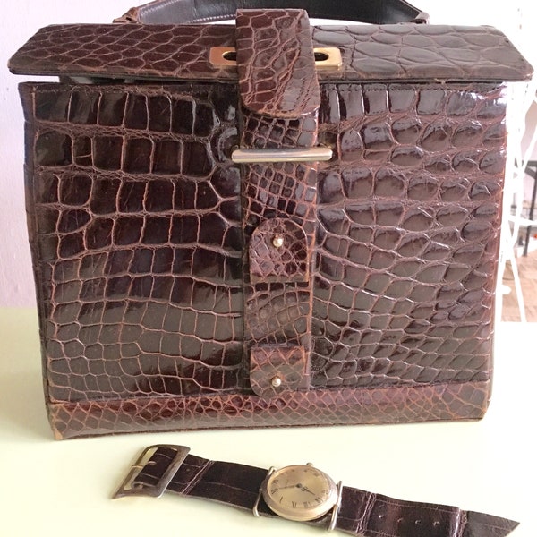 Sac à main en cuir façon croco, sac vintage avec montre intégrée amovible