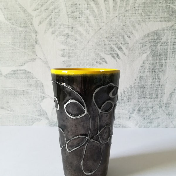 Vase en céramique des années 50-60 coloris noir et jaune, vase vintage