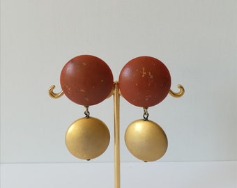 Vintage Babylone Paris, Clip-on Earrings,  Gold Tone & Terracotta, 90's