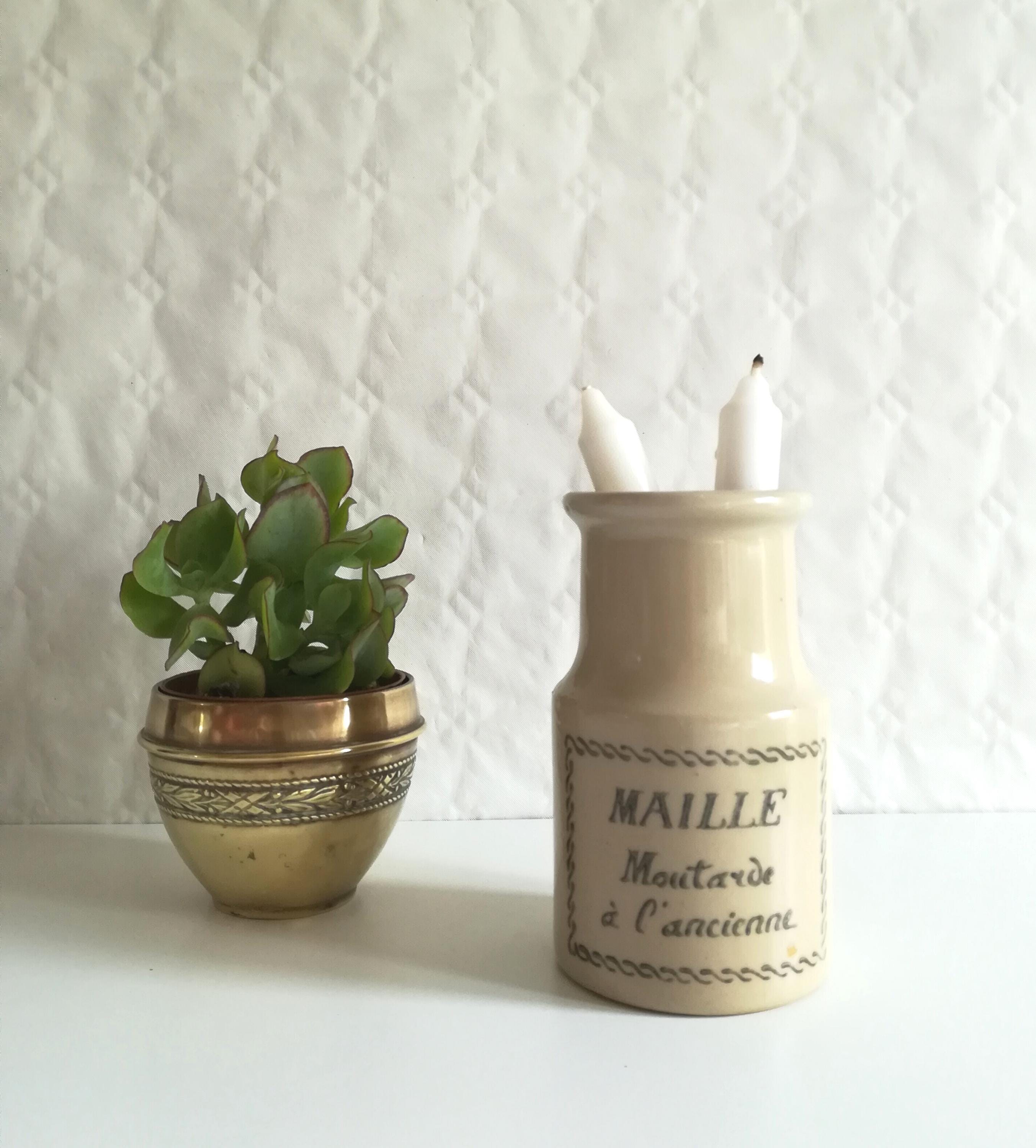 2 Pots En Grès Vintage 1970 - Motifs Floraux Bleus - France - Porte-ustensiles