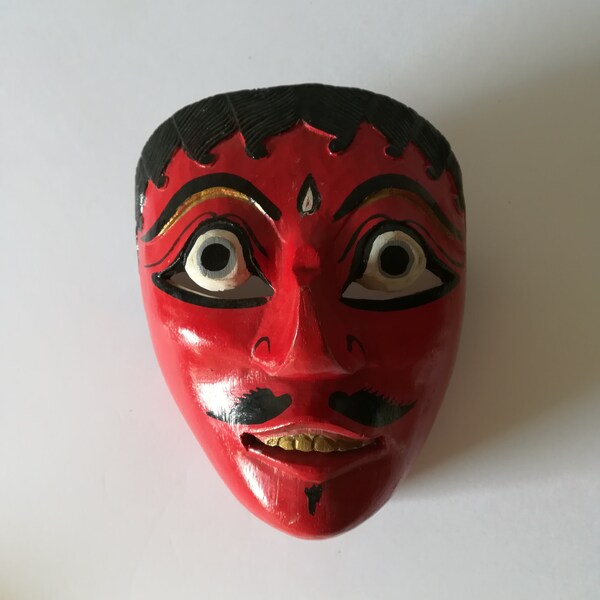 Masque ancien en bois sculpté indonésien, peint et sculpté à la main, vintage des années 80