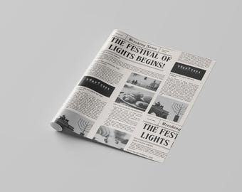 Papel de embrulho estilo jornal para o Hanukkah | Embalagem de presente festiva e exclusiva para o Hanukkah