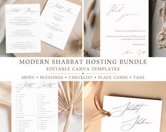 Pacote de Materiais para Organização de Jantar Judaico Moderno no Shabat, Conjunto de Modelos Editáveis no Canva, Menu Judaico, Cartões de Bênçãos, Lista de Verificação e Marcadores de Lugar.
