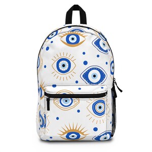 Evil Eye Protection Backpack  Blue, White, and Gold Design