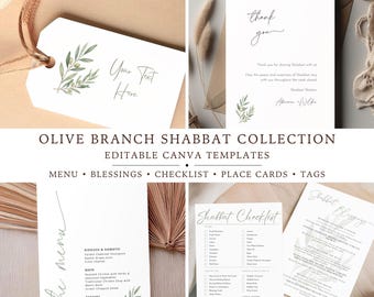 Coleção Olive Branch Shabbat – Modelos editáveis do Canva para uma mesa de Shabbat bonita e significativa