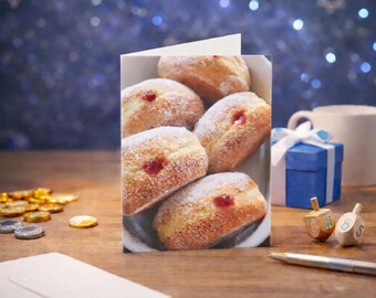 Cartão de Hanukkah com Sufganiyot - Cartão de Feliz Hanukkah - Cartão de Feriado Judaico - Cartão de Hanukkah Moderno em Branco por Dentro - Conjunto de 10