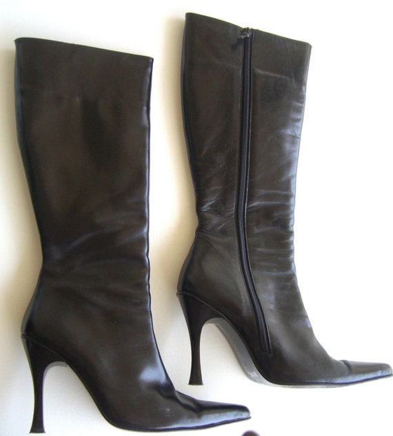 Black leather boots long/leather boots long/pointy