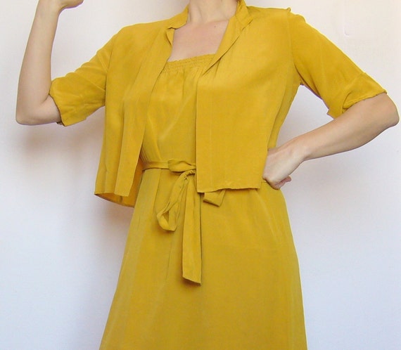 Pure silk two piece dress mustard/Vintage dress pu