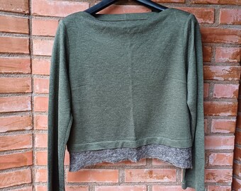 Boat neck military green top wool